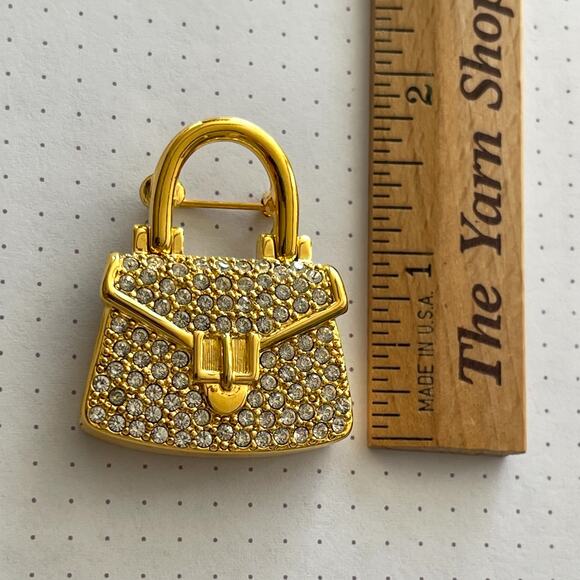 Vintage Napier Crystal Rhinestone Purse Handbag Pin Brooch Gold Tones - Picture 2 of 4